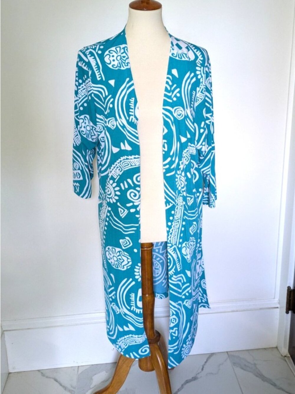 Carolyn Strauss Slinky Knit Cardigan Duster Size 1X Boho Retro Print Teal White